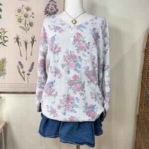 Vintage Floral Pullover Henley Sweater Grandma Cottage Prairie Coquette L XL